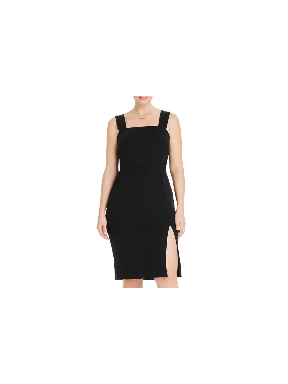 AQUA CURVE Womens Black Stretch Ribbed Slitted Sleeveless Square Neck Knee Length Body Con Dress 2X
