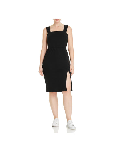 AQUA CURVE Womens Black Stretch Ribbed Slitted Sleeveless Square Neck Knee Length Body Con Dress 2X