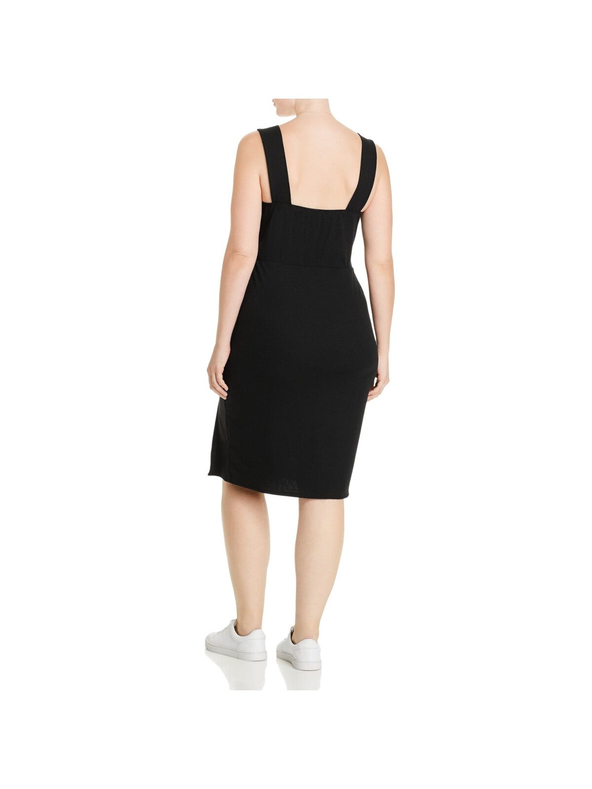 AQUA CURVE Womens Black Stretch Ribbed Slitted Sleeveless Square Neck Knee Length Body Con Dress 2X