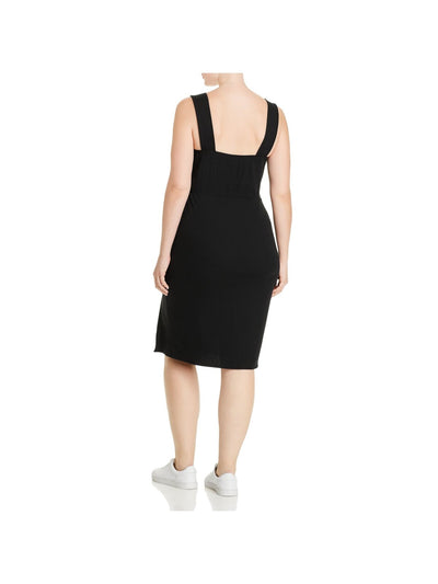 AQUA CURVE Womens Black Stretch Ribbed Slitted Sleeveless Square Neck Knee Length Body Con Dress 2X