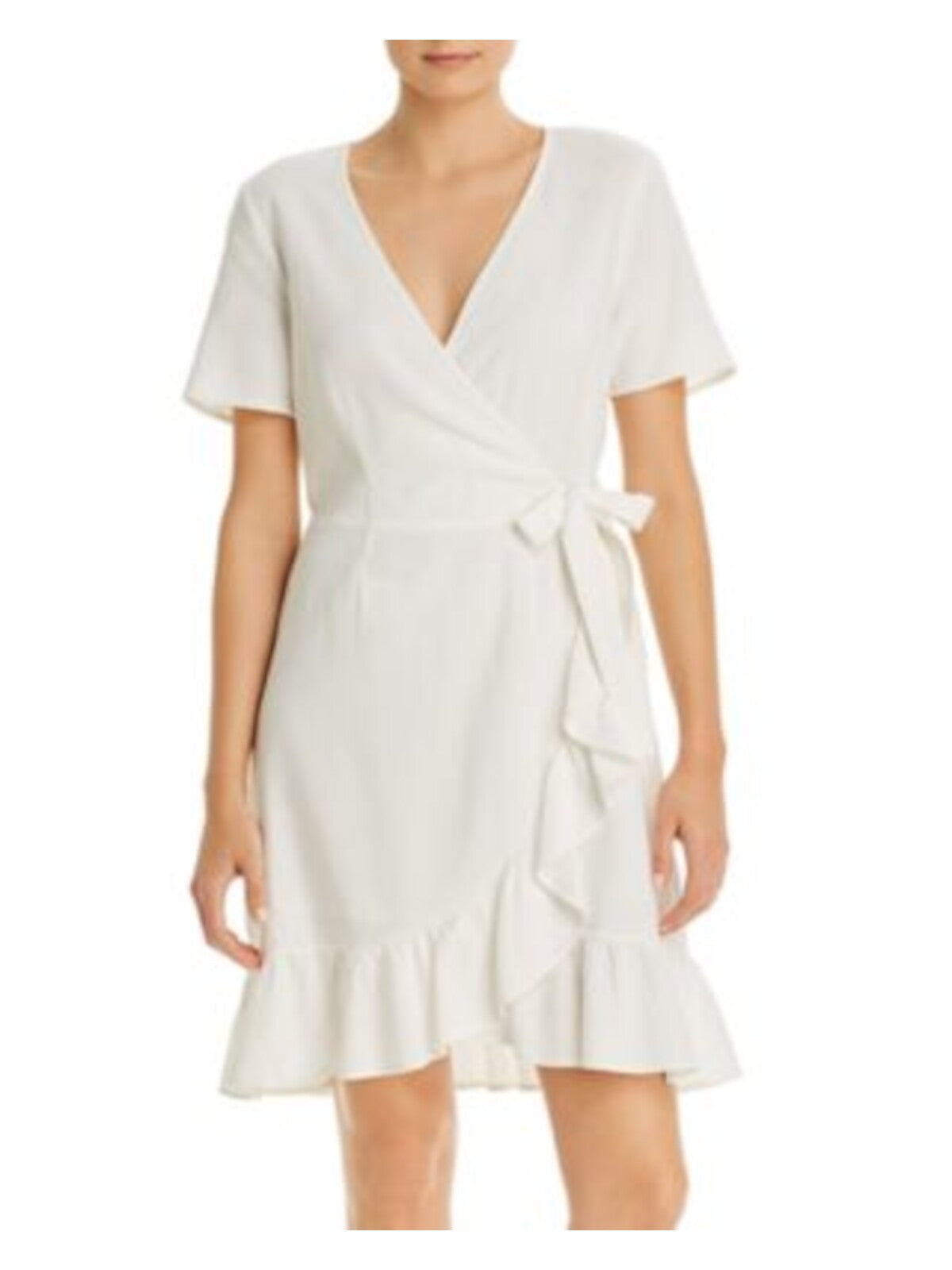 VERO MODA Womens White Woven Ruffled Side Tie Closure Short Sleeve Surplice Neckline Mini Faux Wrap Dress XS