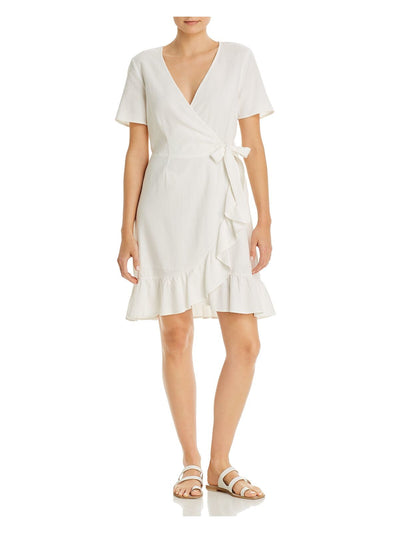 VERO MODA Womens White Woven Ruffled Side Tie Closure Short Sleeve Surplice Neckline Mini Faux Wrap Dress XS