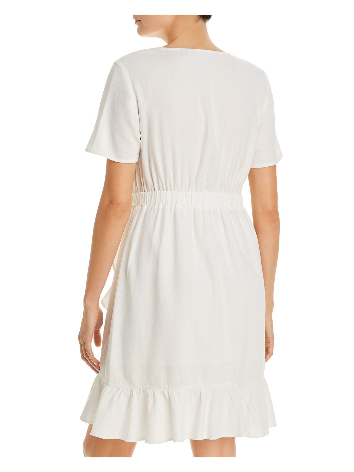 VERO MODA Womens White Woven Ruffled Side Tie Closure Short Sleeve Surplice Neckline Mini Faux Wrap Dress XS