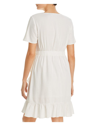 VERO MODA Womens White Woven Ruffled Side Tie Closure Short Sleeve Surplice Neckline Mini Faux Wrap Dress S