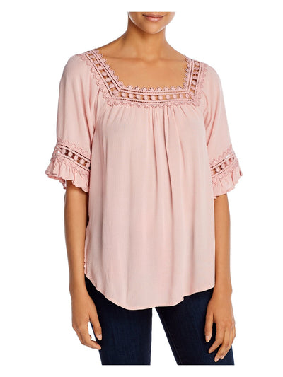 ALI & ANDI Womens Pink Textured Ruffled Crochet Trim Elbow Sleeve Square Neck Top L