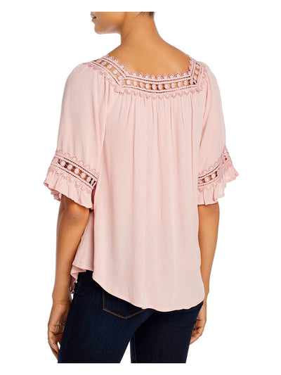 ALI & ANDI Womens Pink Textured Ruffled Crochet Trim Elbow Sleeve Square Neck Top L