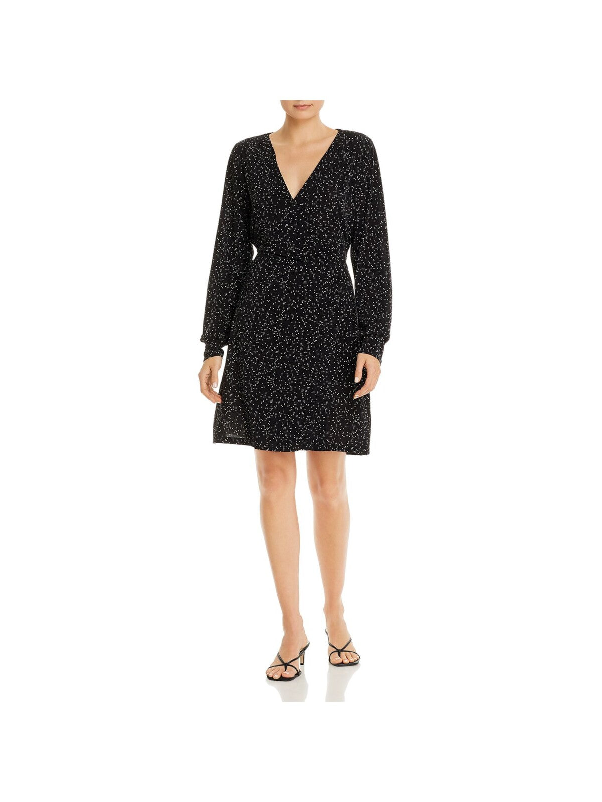 VERO MODA Womens Black Stretch Printed Long Sleeve V Neck Above The Knee Party Faux Wrap Dress M