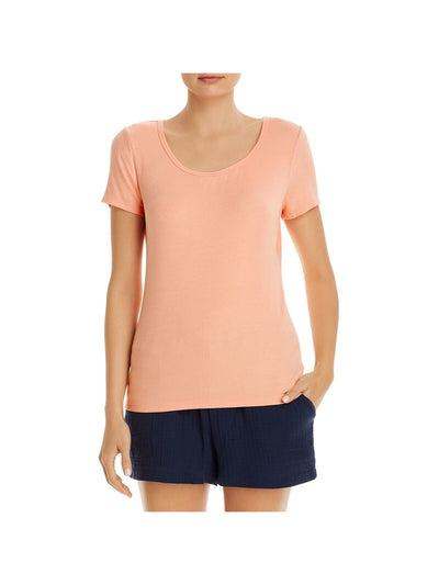 THREE DOTS Womens Coral Ribbed Short Sleeve Scoop Neck T-Shirt M