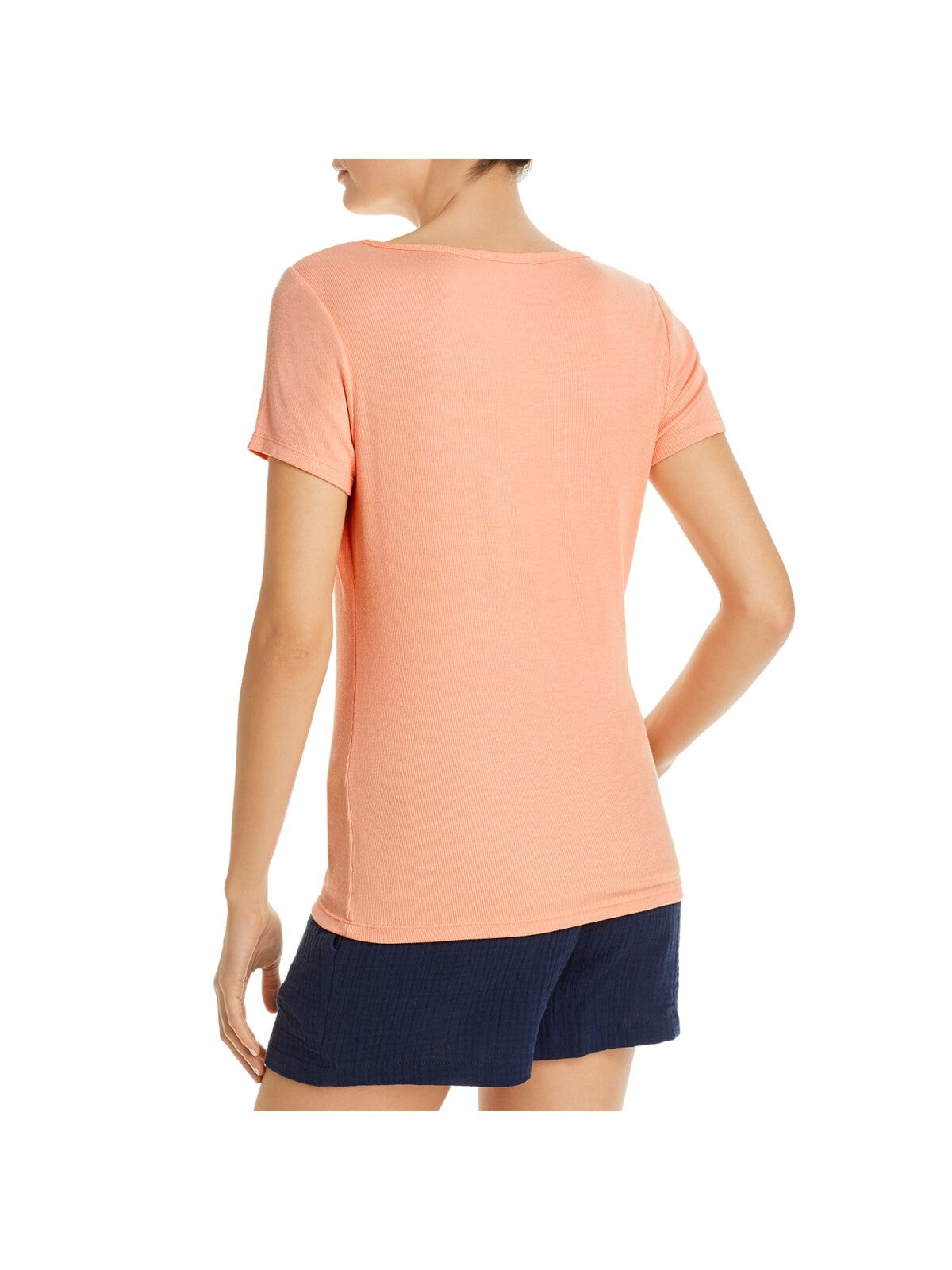 THREE DOTS Womens Coral Ribbed Short Sleeve Scoop Neck T-Shirt M