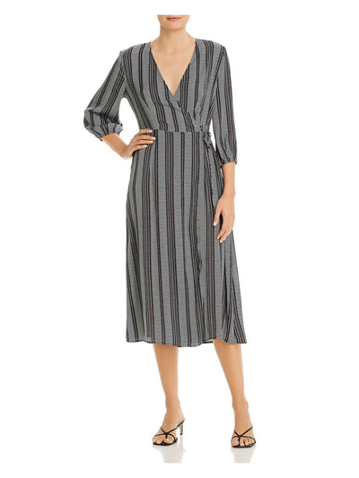 VERO MODA Womens Navy Tie Unlined Printed 3/4 Sleeve Surplice Neckline Below The Knee Wear To Work Wrap Dress S