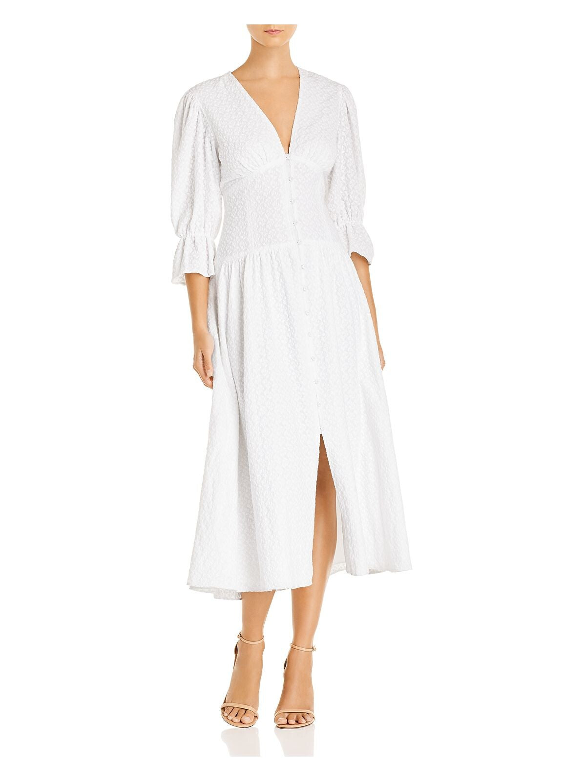 LA VIE Womens White Pleated Gathered Button Down 3/4 Sleeve V Neck Midi Evening Fit + Flare Dress XS