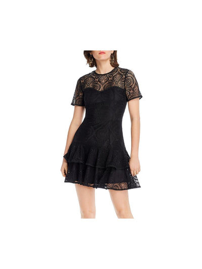 LINI Womens Lace Illusion Neckline Short Evening Fit + Flare Dress