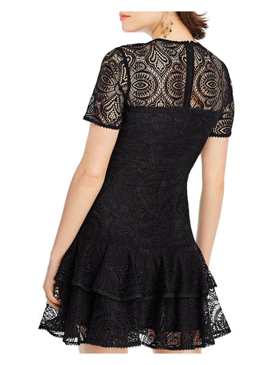 LINI Womens Black Lace Illusion Neckline Short Evening Fit + Flare Dress S