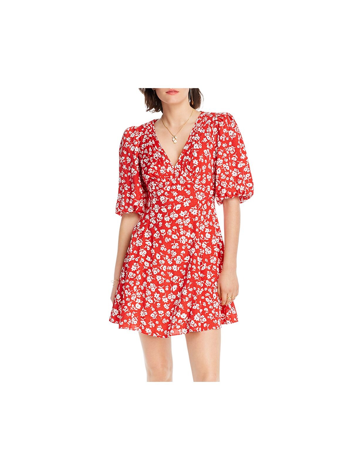 LINI Womens Red Printed Pouf V Neck Above The Knee Fit + Flare Dress XS
