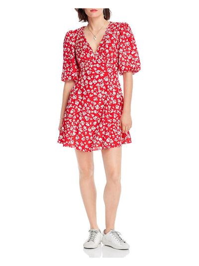 LINI Womens Red Printed Pouf V Neck Above The Knee Fit + Flare Dress XS