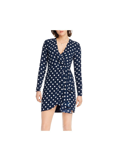 LINI Womens Navy Polka Dot Long Sleeve Short Faux Wrap Dress Size: XS