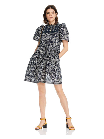 LINI Womens Blue Pocketed Ruffled Eyelet Trim Keyhole Back Tiered Printed Short Sleeve Mock Neck Short Fit + Flare Dress M