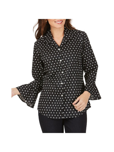 FOXCROFT Womens Black Ruffled Curved Hem Polka Dot 3/4 Sleeve Collared Wear To Work Button Up Top 6