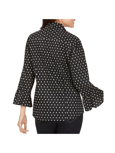 FOXCROFT Womens Black Ruffled Curved Hem Polka Dot 3/4 Sleeve Collared Wear To Work Button Up Top 6