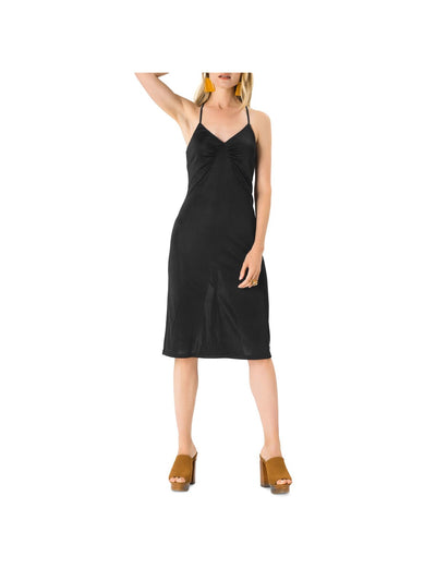 LEOTA Womens Black Stretch Ruched Adjustable Straps Spaghetti Strap V Neck Below The Knee Sheath Dress XS