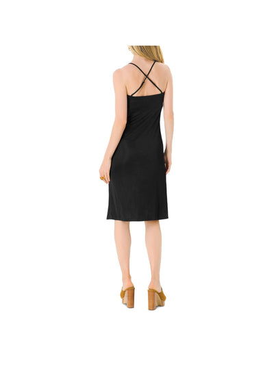LEOTA Womens Black Stretch Ruched Adjustable Straps Spaghetti Strap V Neck Below The Knee Sheath Dress XS