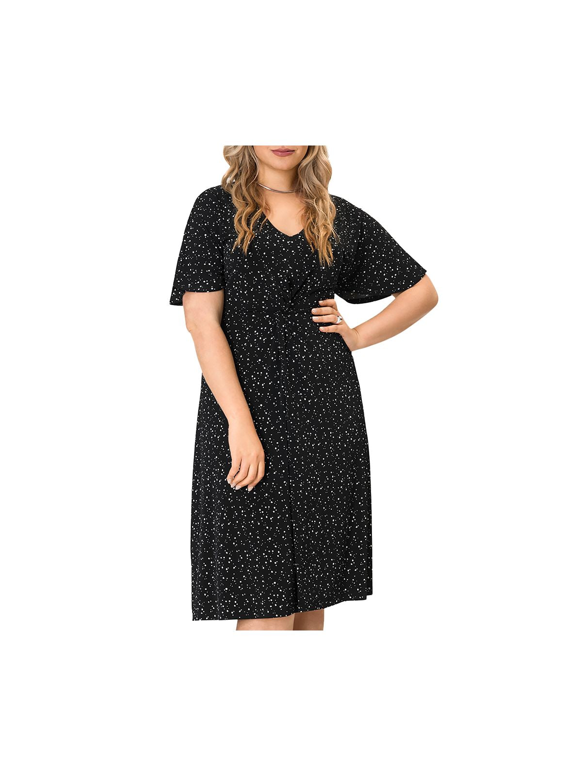 LEOTA Womens Stretch Twist Front Lightweight Jersey Flutter Sleeve V Neck Midi Fit + Flare Dress