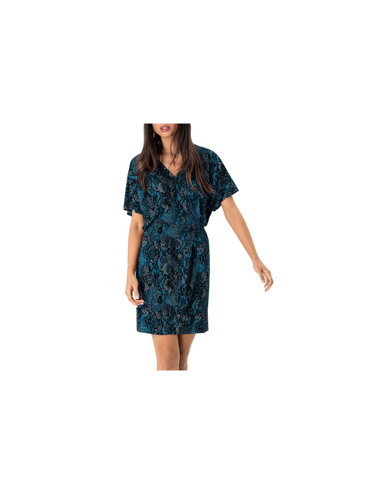 LEOTA Womens Turquoise Stretch Animal Print Flutter Sleeve Surplice Neckline Mini Party Faux Wrap Dress XS