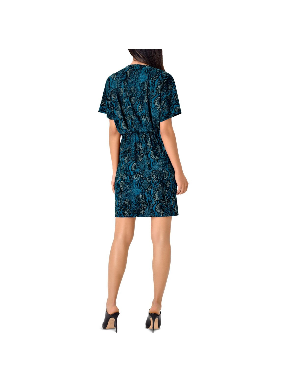 LEOTA Womens Turquoise Stretch Animal Print Flutter Sleeve Surplice Neckline Mini Party Faux Wrap Dress XS