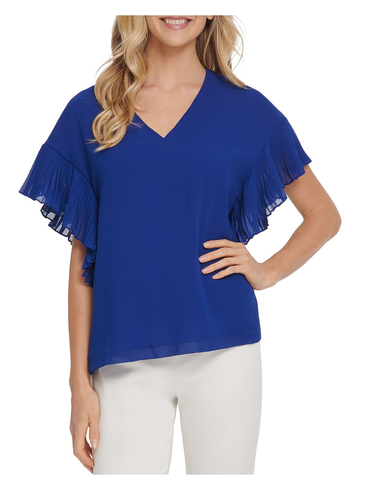 DKNY Womens Blue Sheer Pleated Lined Flutter Sleeve V Neck Top XS