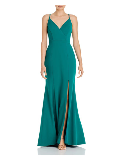 AQUA FORMAL Womens Green Zippered Slitted Spaghetti Strap Surplice Neckline Full-Length Evening Gown Dress 0