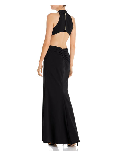 AQUA FORMAL Womens Black Stretch Zippered Halter Full-Length Formal Fit + Flare Dress 0