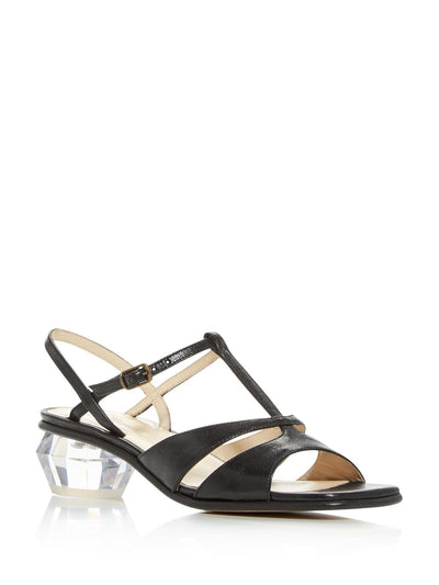 MARC JACOBS Womens Black T-Strap Strappy The Gem Square Toe Sculpted Heel Buckle Leather Slingback Sandal 37.5