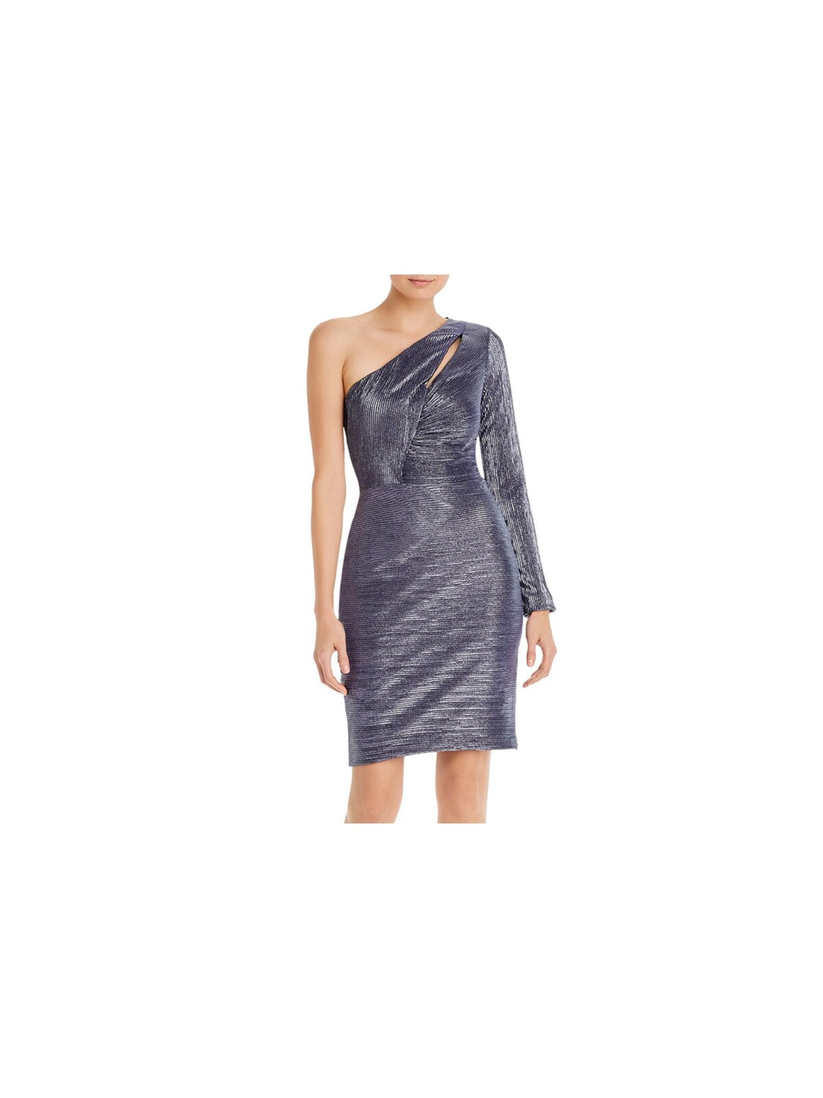 AQUA FORMAL Womens Stretch Metallic Long Sleeve Asymmetrical Neckline Above The Knee Cocktail Sheath Dress