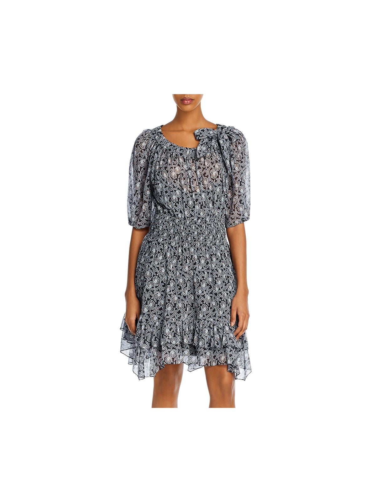 REBECCA TAYLOR Womens Navy Floral 3/4 Sleeve Scoop Neck Above The Knee Fit + Flare Dress 12