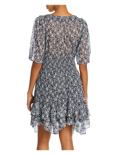 REBECCA TAYLOR Womens Navy Floral 3/4 Sleeve Scoop Neck Above The Knee Fit + Flare Dress 12