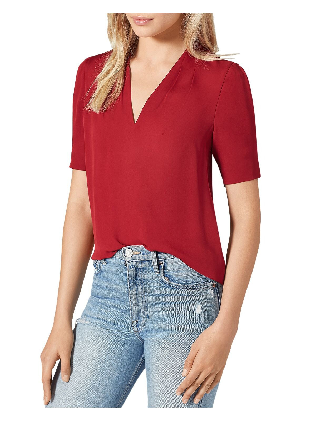 JOIE Womens Red Pouf Sleeve V Neck Blouse XS