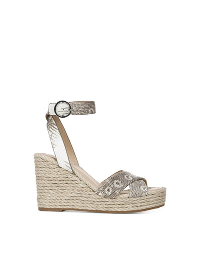 VIA SPIGA Womens Blanc Green Ring Lizard Skin Adjustable Strap Cushioned Sesilia Square Toe Wedge Buckle Leather Espadrille Shoes 8.5 M