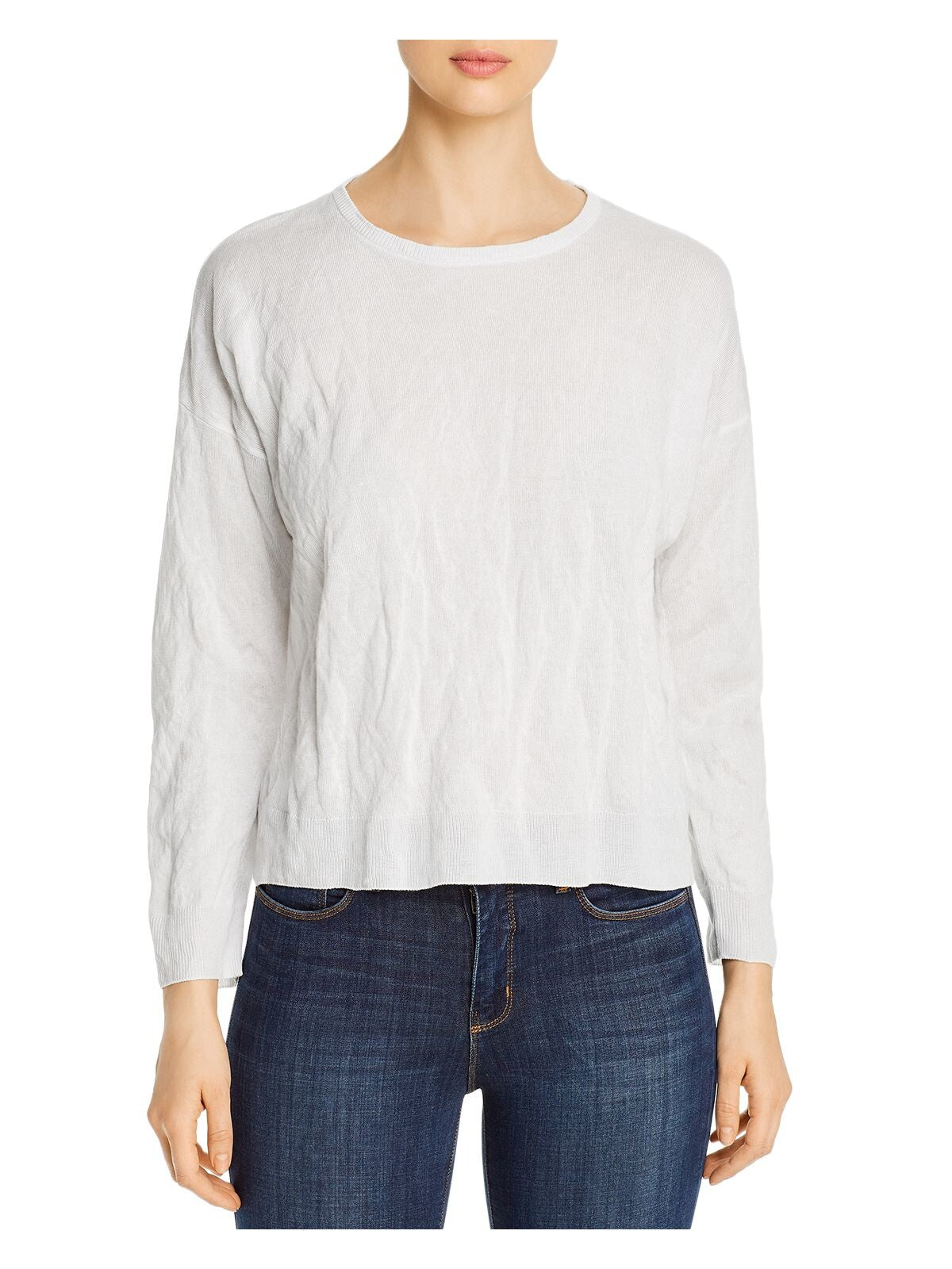 EILEEN FISHER Womens White Ribbed Sheer Long Sleeve Round Neck Top L