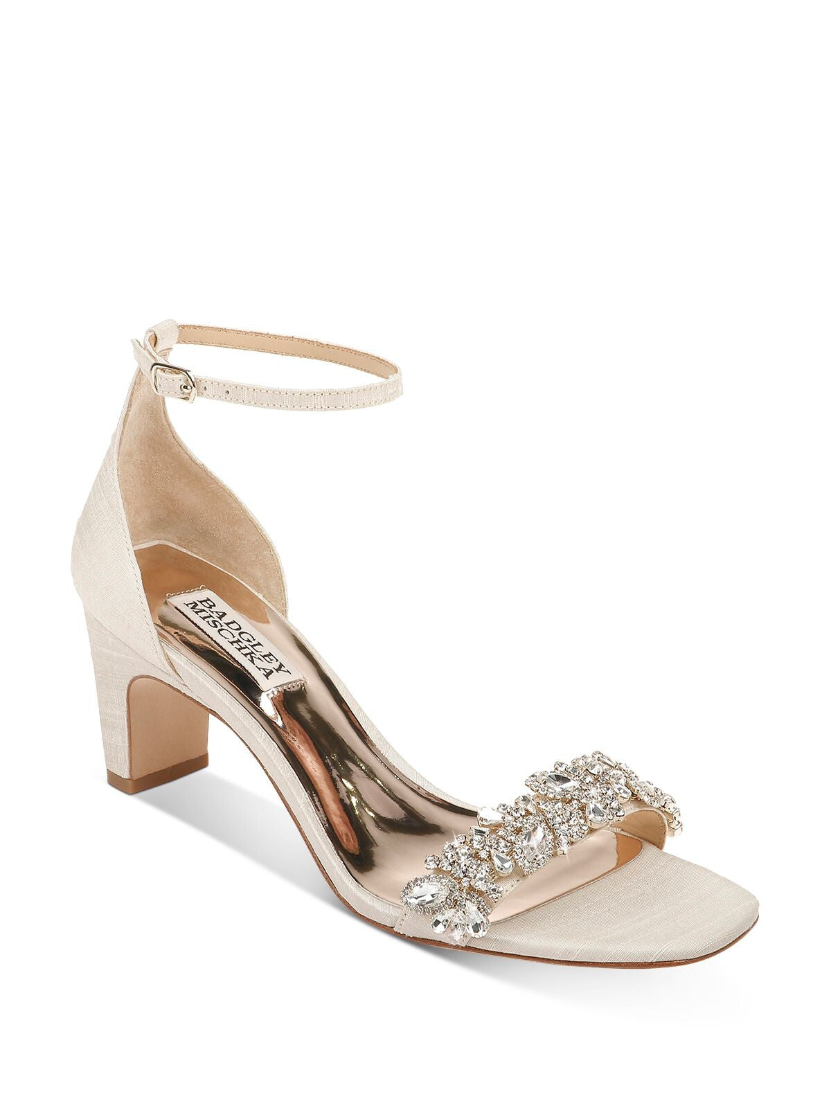 BADGLEY MISCHKA Womens Beige Metallic Insole Ankle Strap Gem Accent Jackie Round Toe Block Heel Buckle Dress Heeled Sandal 5.5 M