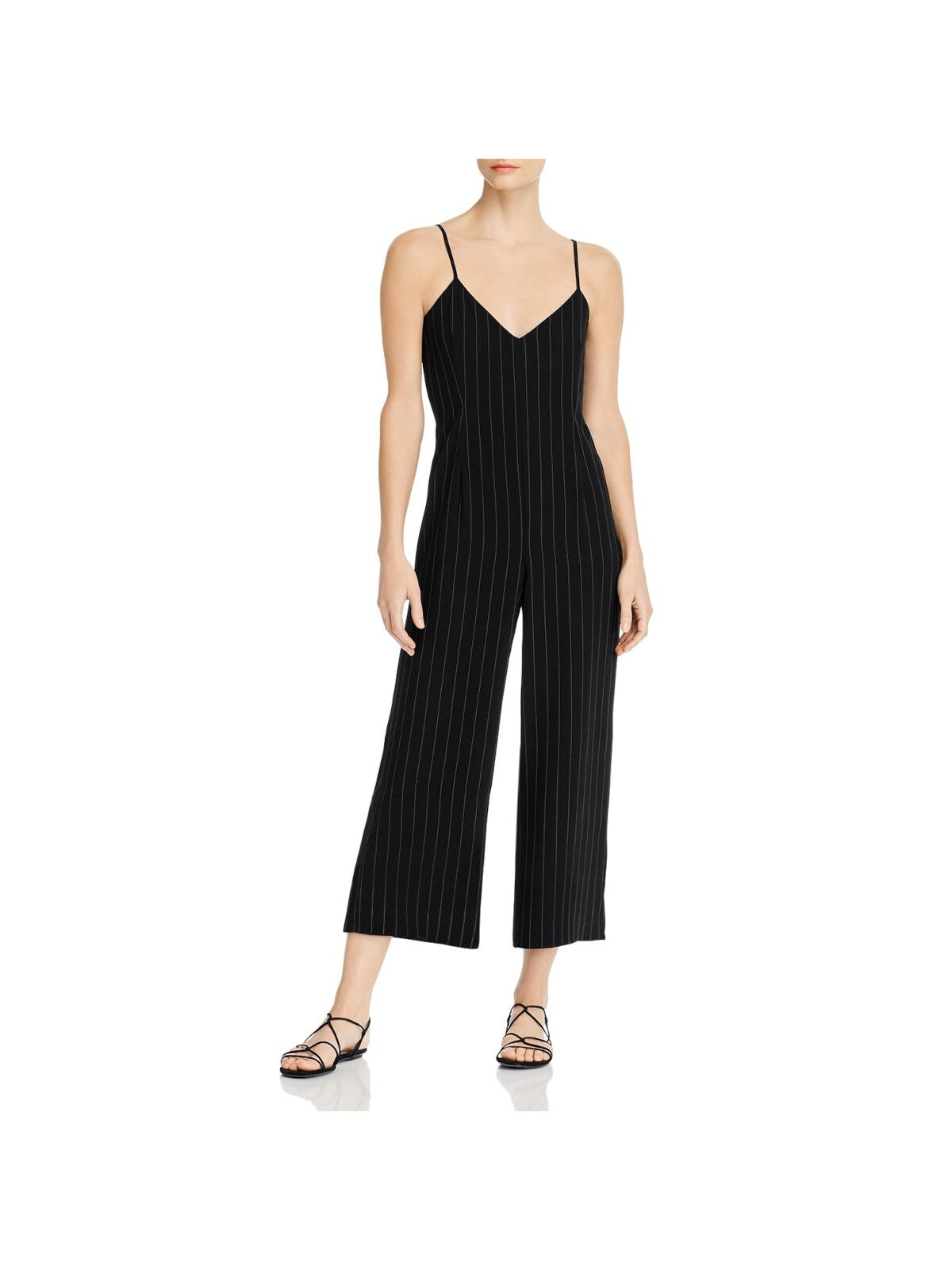 CUPCAKES AND CASHMERE Womens Black Zippered Back V-neck Pinstripe Spaghetti Strap V Neck Cropped Jumpsuit S