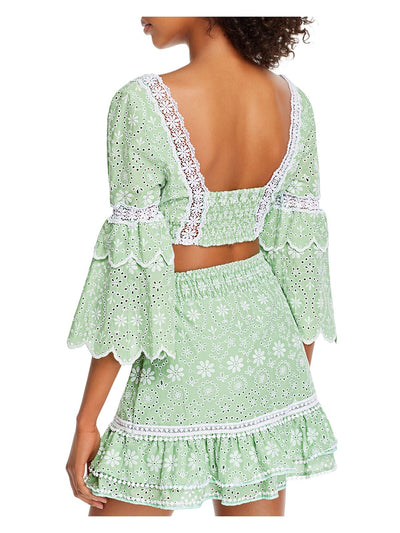 CHARO RUIZ Womens Green Eyelet Scalloped Smocked Lace Tie Back Floral Bell Sleeve Square Neck Crop Top L