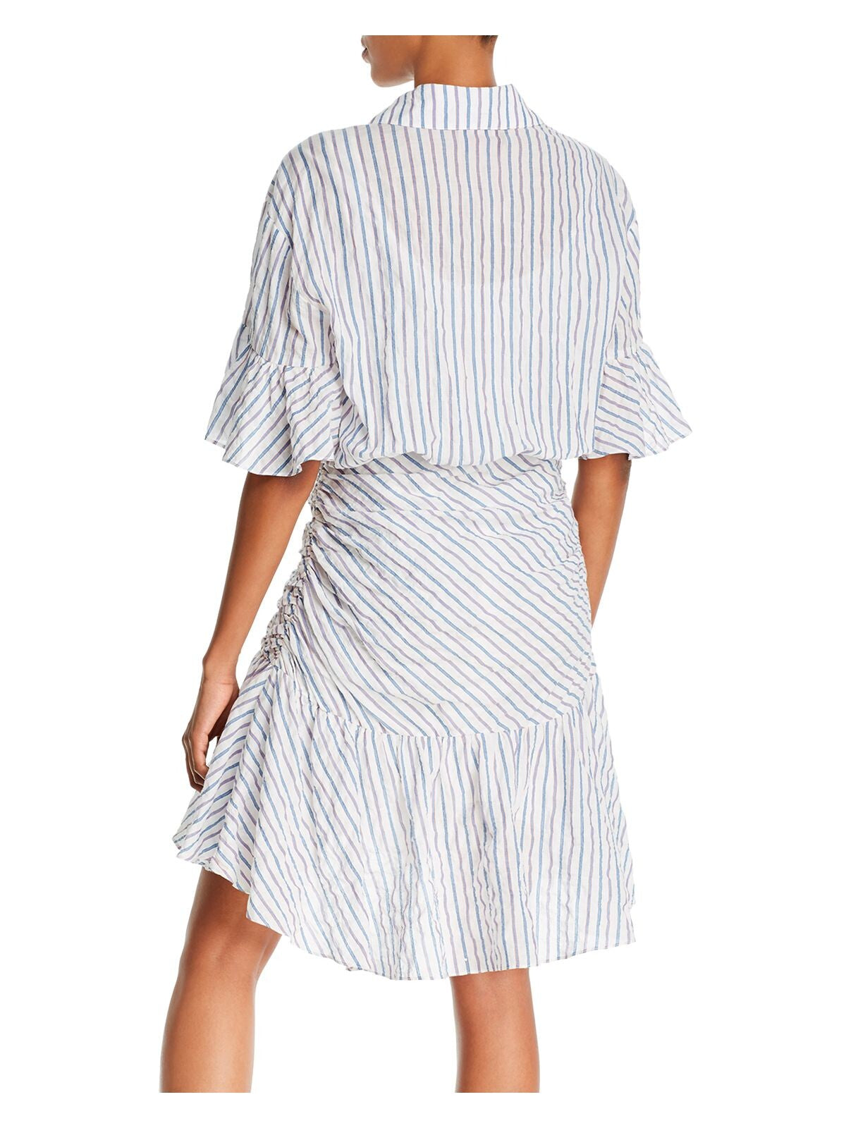 CINQ A SEPT Womens White Ruched Ruffled Button Front Lined Striped Short Sleeve Point Collar Knee Length Hi-Lo Dress 0