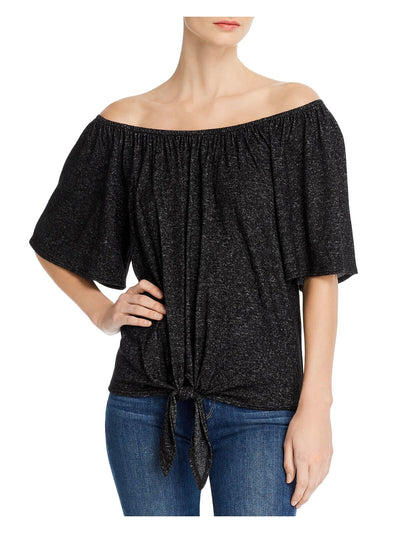 K & C Womens Black Stretch Tie Heather Elbow Sleeve Off Shoulder Top M