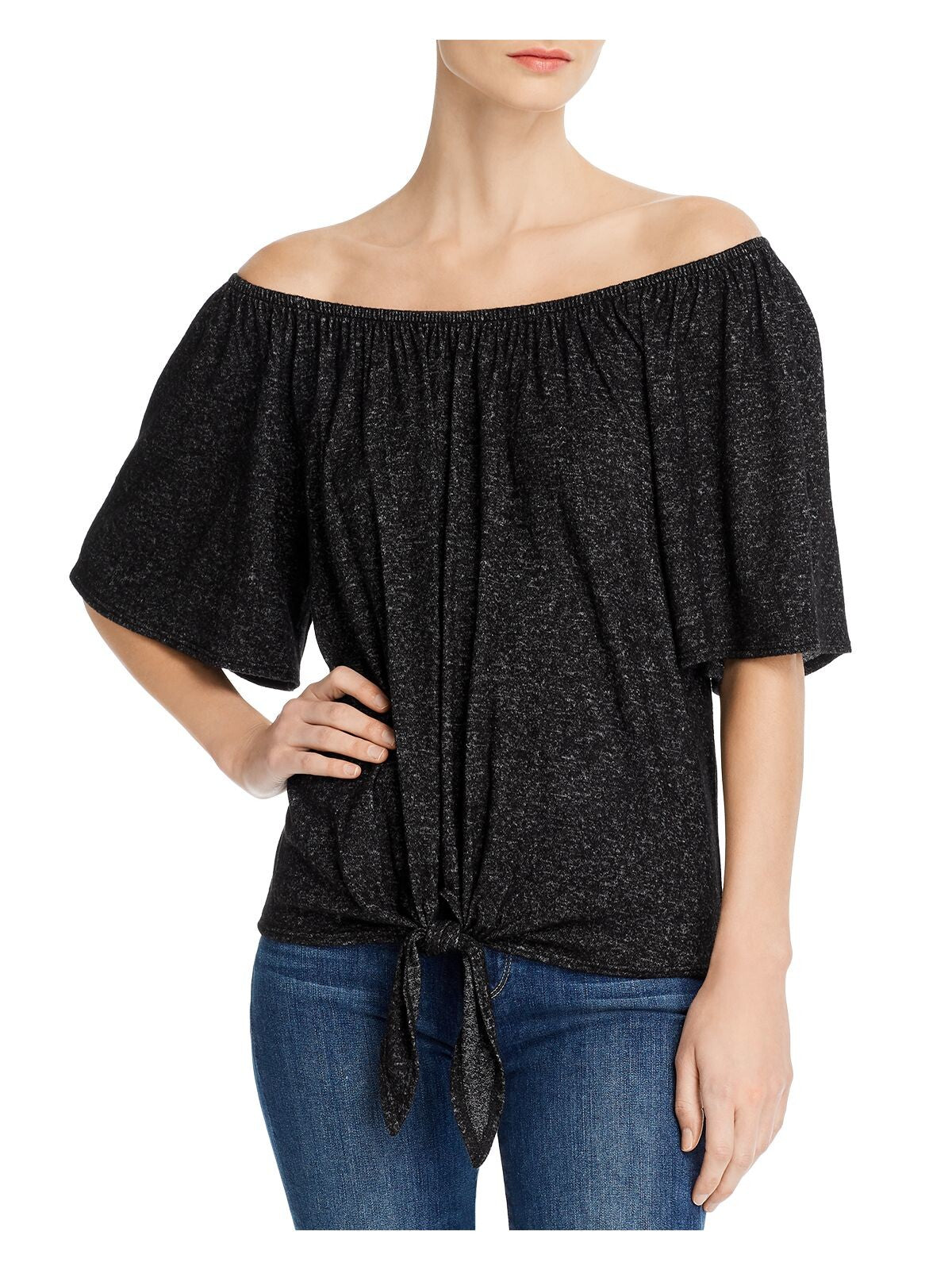 K & C Womens Black Stretch Tie Heather Elbow Sleeve Off Shoulder Top S