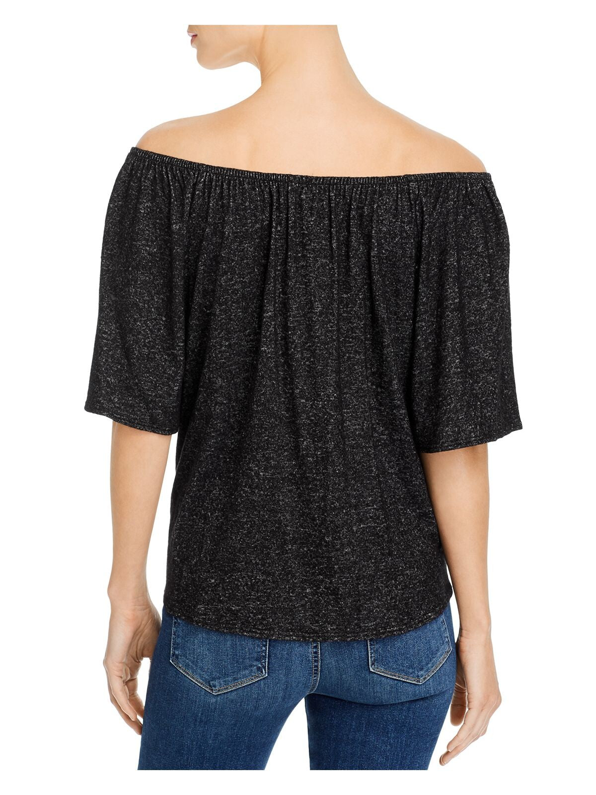 K & C Womens Black Stretch Tie Heather Elbow Sleeve Off Shoulder Top M