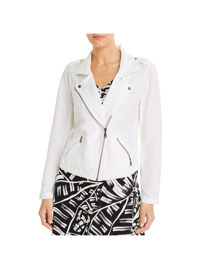 NIC+ZOE Womens White Zippered Pocketed Lapels Buttoned Notch Collar Motorcycle Jacket S