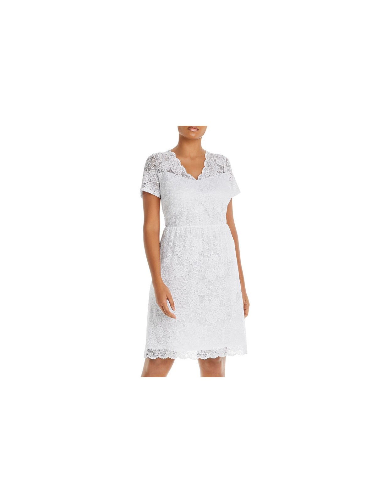 AQUA CURVE Womens White Stretch Lace Zippered Scalloped Neck And Hem Lined Short Sleeve V Neck Above The Knee Party Sheath Dress Plus 2X