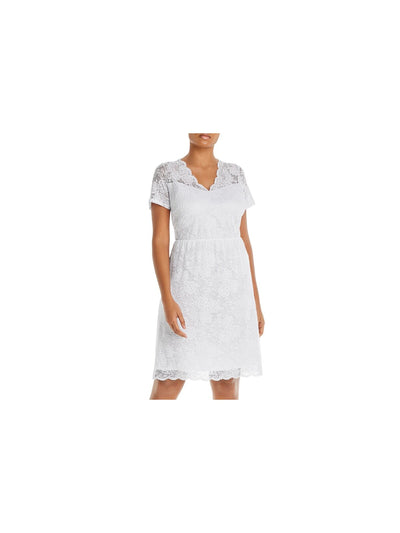 AQUA CURVE Womens White Stretch Lace Zippered Scalloped Neck And Hem Lined Short Sleeve V Neck Above The Knee Party Sheath Dress Plus 2X