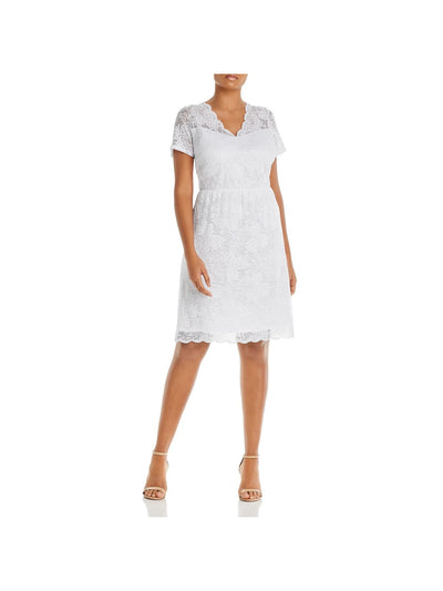 AQUA CURVE Womens White Stretch Lace Zippered Scalloped Neck And Hem Lined Short Sleeve V Neck Above The Knee Party Sheath Dress Plus 3X