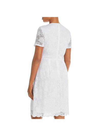 AQUA CURVE Womens White Stretch Lace Zippered Scalloped Neck And Hem Lined Short Sleeve V Neck Above The Knee Party Sheath Dress Plus 2X
